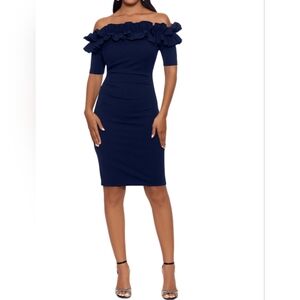 Xscape Ruffled Off-the-Shoulder Bodycon Dress - Navy, Size 6